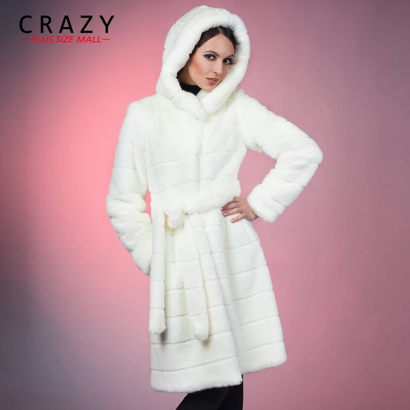 2018 S- 5XL 6XL 7XL Winter Warm Artificial Decent Faux Mink Fur Coat with Hood White Luxury Fake Fur Coats Plus Size Women Cloth white artificial fur duster coat