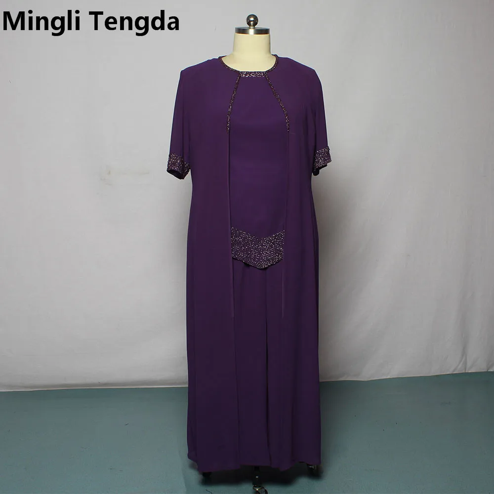 

Mingli Tengda Mother of the Bride Dresses Elastic Waist Pants Women Dress Purple Handmade Beading Groom Mother Outfits Plus Size