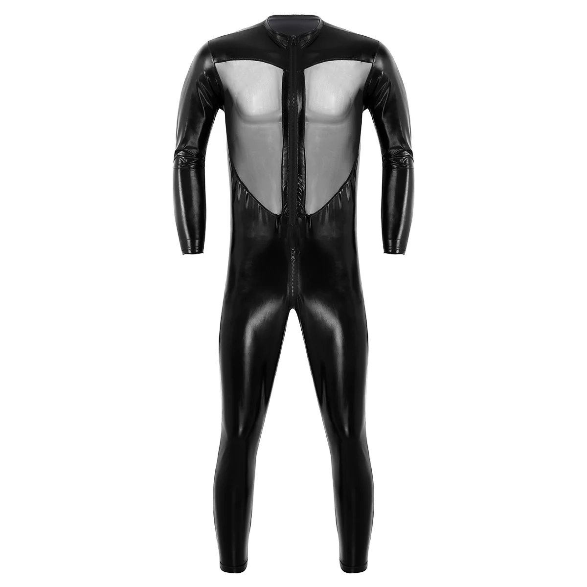 Унисекс, для мужчин, боди, для женщин, боди, стринги, трико, костюм, цельный, мокрого вида, ПВХ, кожа, высокая горловина, сетка, Сращивание, полный боди