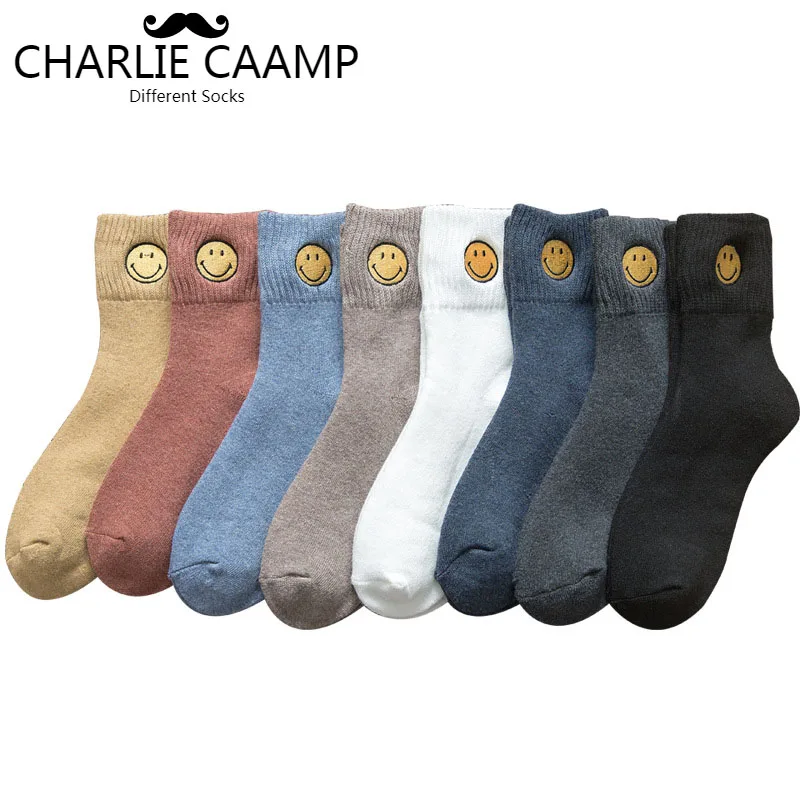 5 пар/лот, женские хлопковые носки, новые зимние теплые махровые носки с рисунком смайлика для отдыха, милые трендовые носки с вышивкой, S105