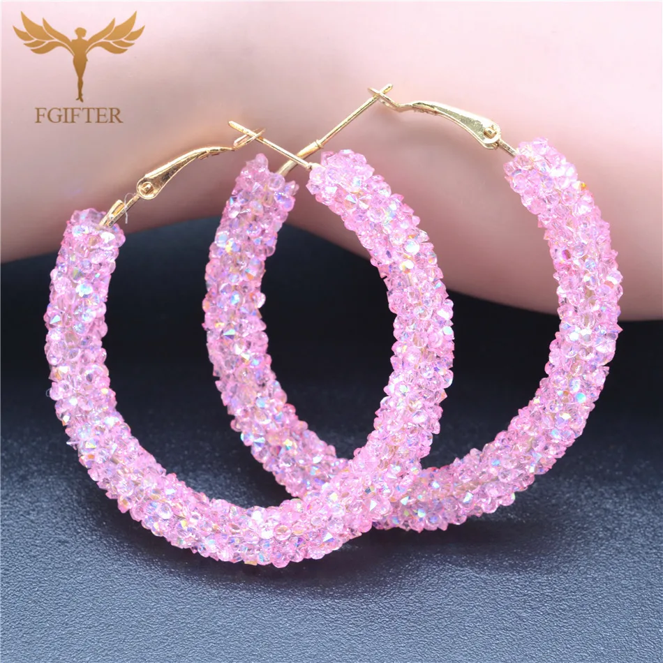 Blue Crystal Round Earrings for Women 48mm Big Hoop Earrings Gold Silver Color Cuff Hoops Woman Earrings Circles Jewelry