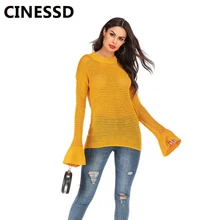 CINESSD Knitted Pullovers Sweaters Black Round Neck Flare Long Sleeves Casual Loose Tops Tee Shirts Autumn Hollow Thin Sweaters black round neck flared sleeves blouse