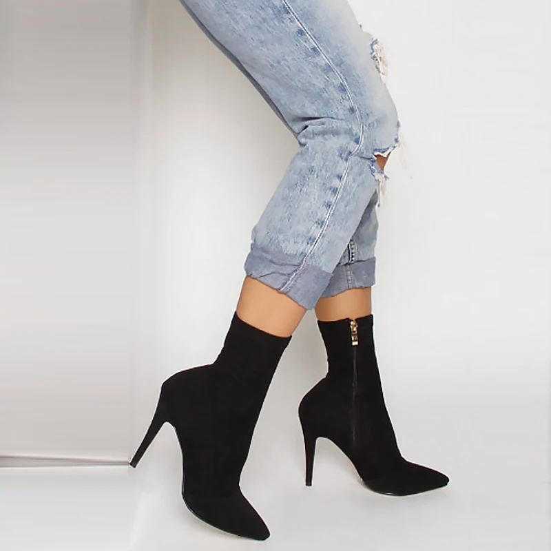 

2019 Blue Women Lycra Pointed Toe Elastic High Boots Slip On High Heel Ankle Boots Women Pumps Stiletto Botas Booties