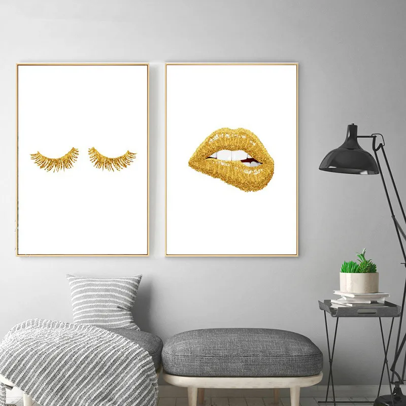 Gold Lip Art Fashion Poster Prints Sexy Lips Wall Art Canvas Painting Lashes Print Wall Picture Nordic Style Salon Decor