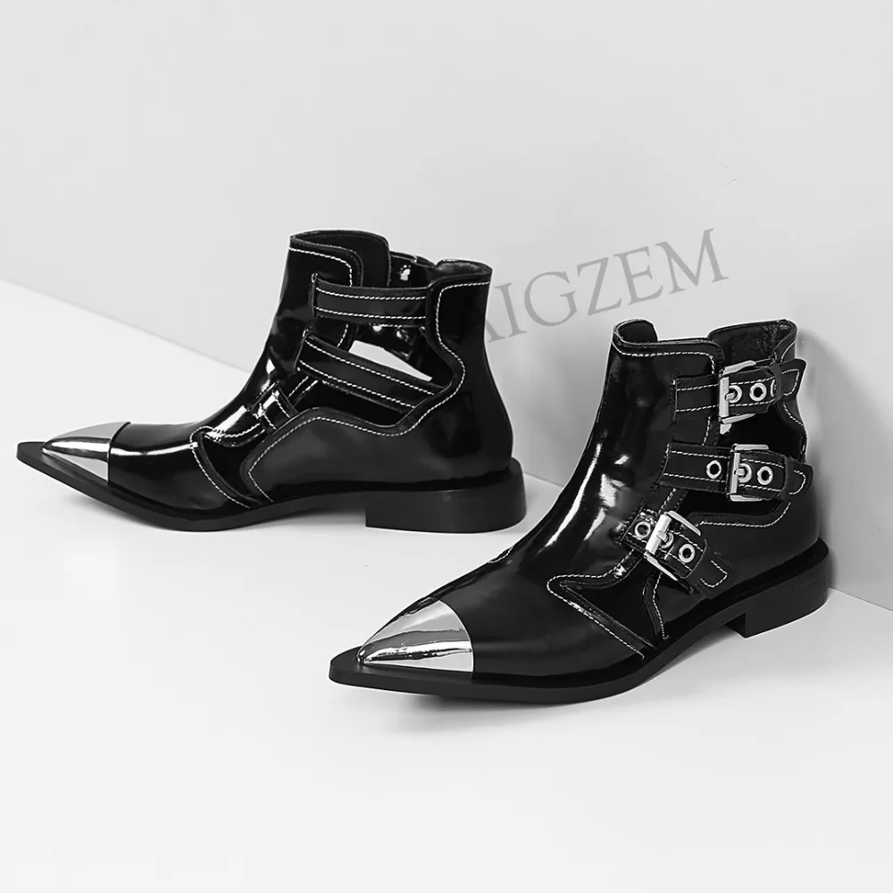 

LAIGZEM 2019 NEW Women Ankle Boots Metal Pointy Toe Chunky&Stiletto Heel Summer Boots Punk Ladies Botines Mujer Big Size 34-43