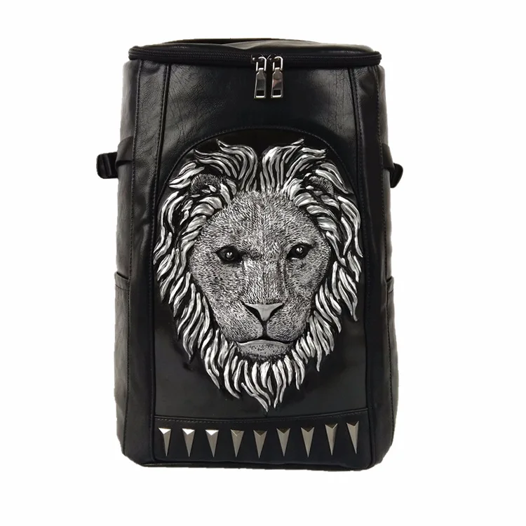 3D тиснением голова льва ведро мягкий рюкзак с Потрясающие шипы Прохладный кожаный путешествия школьный bagpack панк рок концерт сумки