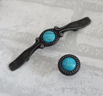 

2 pcs Chic Dresser Knob Turquoise Blue / Drawer Pull Handles Antique Black Door Pulls Handles / Cabinet Handles Kitchen Hardware