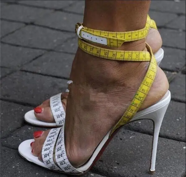 

Fashion Woman Yellow White Unique Design Ruler Cross High Heel Sandals Thin Heels Ankle Buckle Strap Open Toe Party Shoes