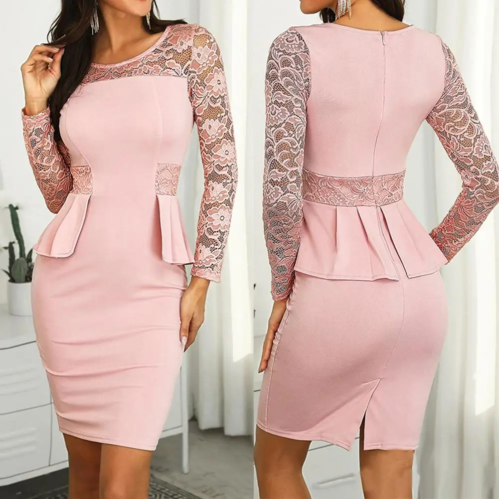 

New Autumn Women Formal Long Sleeve Lace Splicing Peplum Bodycon Knee Length Dress