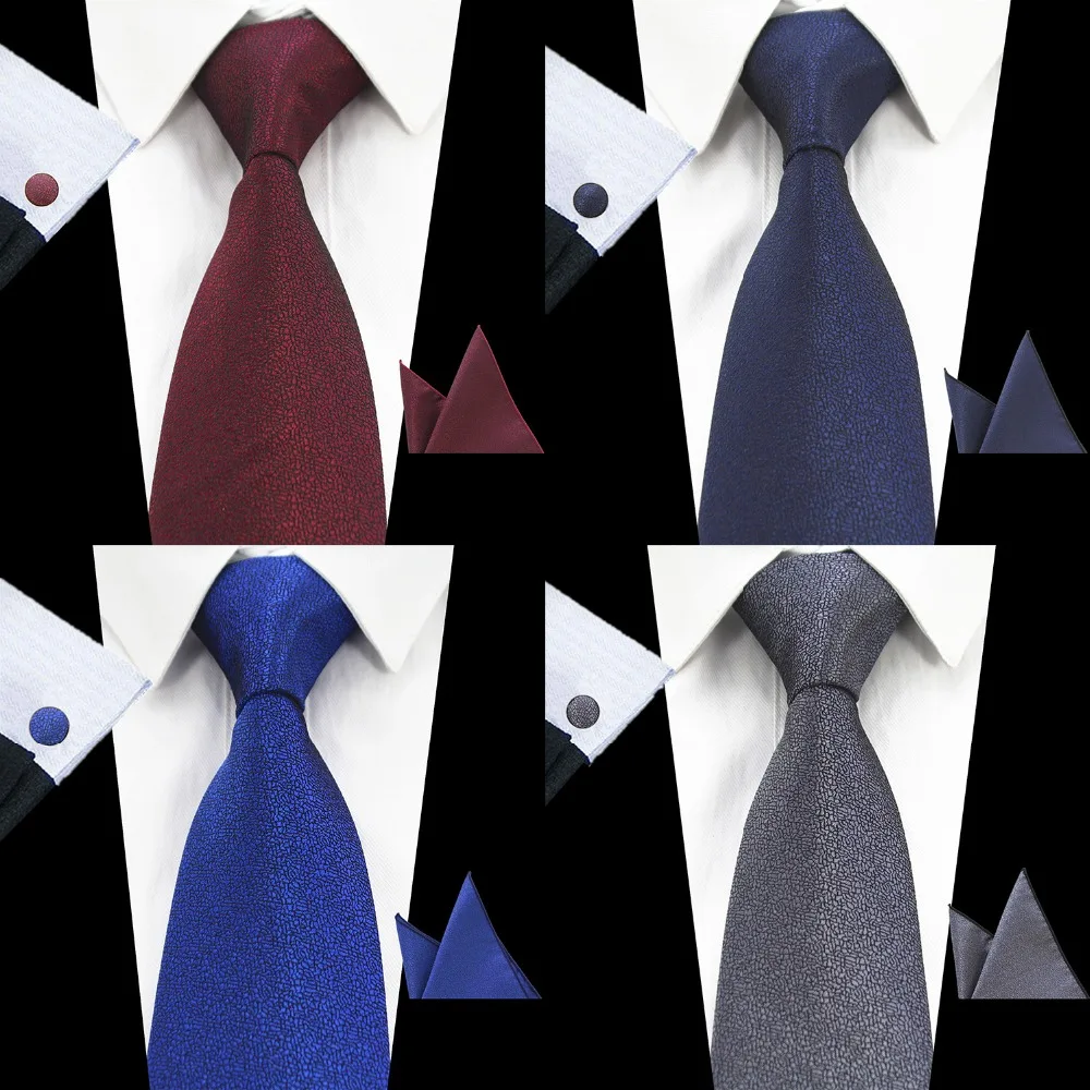 RBOCOTT New Fashion Plain Tie Men's 8cm Silk Necktie Set Blue Green Purple Yellow Gray Red Wedding Solid Tie Hanky Cufflinks Set