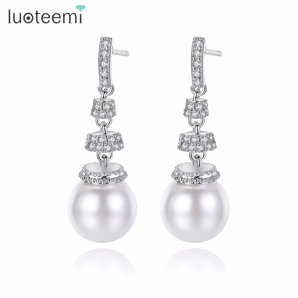 

LUOTEEMI New Excellent Best Long Big Water Drop Shape Drop Earring Clear Imitation Pearl Ornament Good Copper CZ For Women
