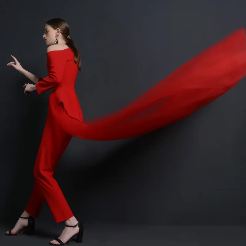 Skyesky High quality women suits pants suit Irregular white fashion jacket 2 pieces wedding suit with veil