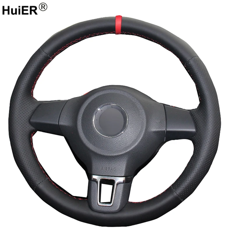 

HuiER Hand Sewing Car Steering Wheel Cover Red Marker For Volkswagen Golf 6 Mk6 VW Polo Sagitar Bora Santana Jetta MK5 2010-2013