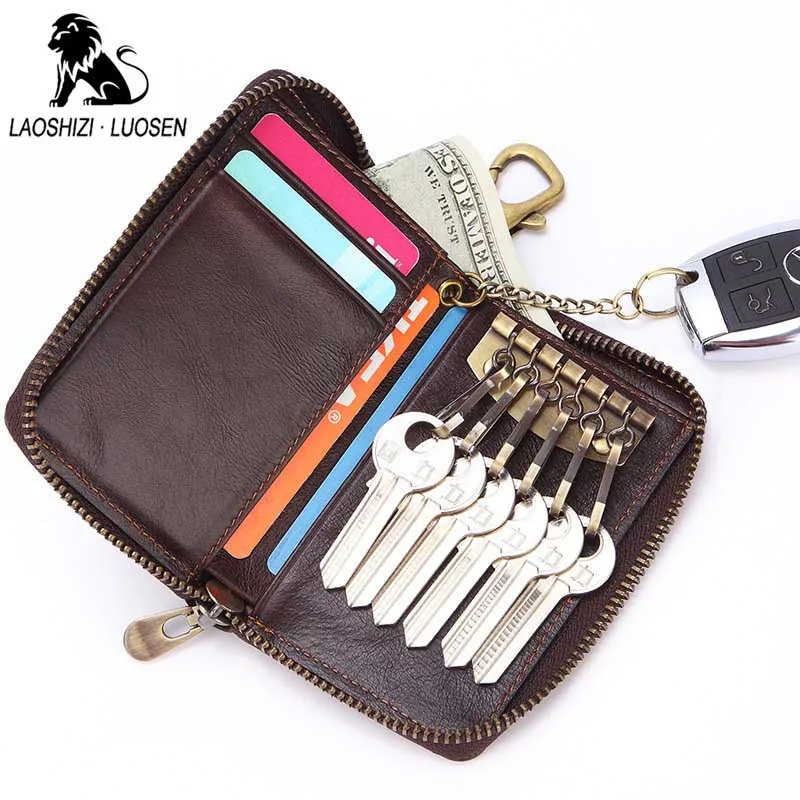 Leather Key Holder Car Key Wallets Men Key Organizer Zipper Key Case Bag Purse