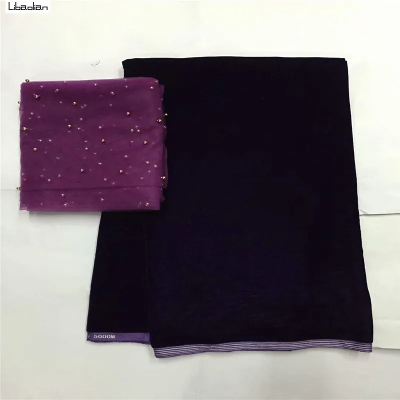 

African Velvet Lace fabric 5+2yards with match tulle net blouse good looking plain velvet lace for wedding dress sewing S91-1