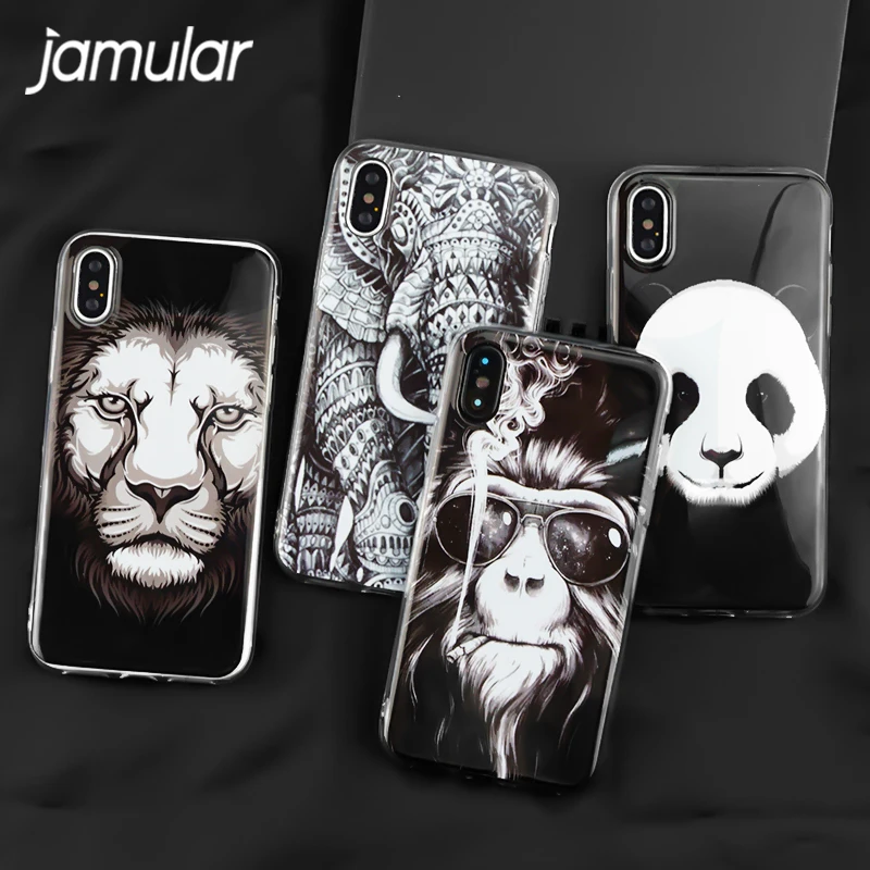 JAMULAR Cartoon Animal Panda Orangutan Lion Elephant Case For iphone 6 6s Plus X Soft TPU Cover For iphone 7 8 Plus Coque Funda