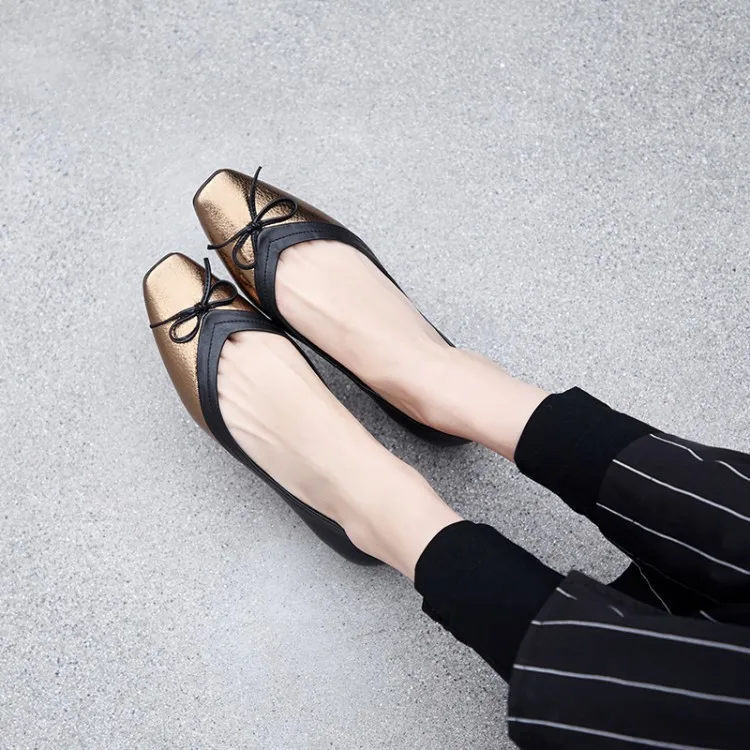 

MLJUESE 2019 women flats Soft Cow leather slip on square toe flats gold color spring autumn comfortable casual shoes