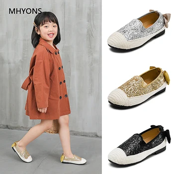 

2019 Girls Ballet Flats Dance Party Shoes Glitter Children Singe Shoes Gold Bling Dress Princess Shoes With Bow-knot Kid Sneaker