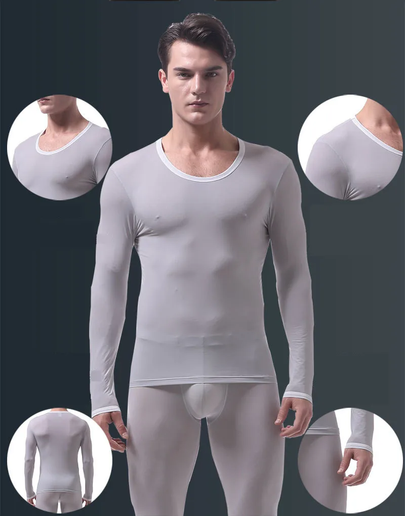 best long johns Ultra-thin Ice Silk Soft Fabric Men's Underwear Sets Translucent Breathable U Pouch Bag Design Sexy Long Johns(for A Suits) fleece long johns