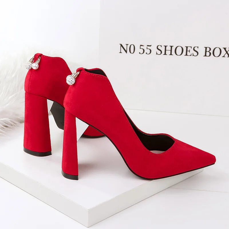 

Fashion Women's High Heels Shallow Office Shoes Arrival Solid Flock Pointed Toe Women Pumps 10CM Square High Sexy Shoes