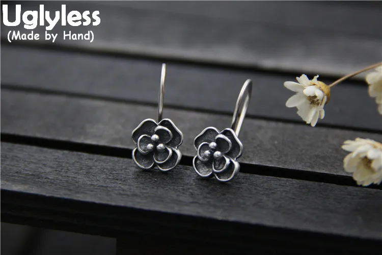 

Uglyless Real S 925 Sterling Silver Women Romantic Flower Earrings Designer Thai Silver Black Floral Brincos Bijoux Fine Jewelry