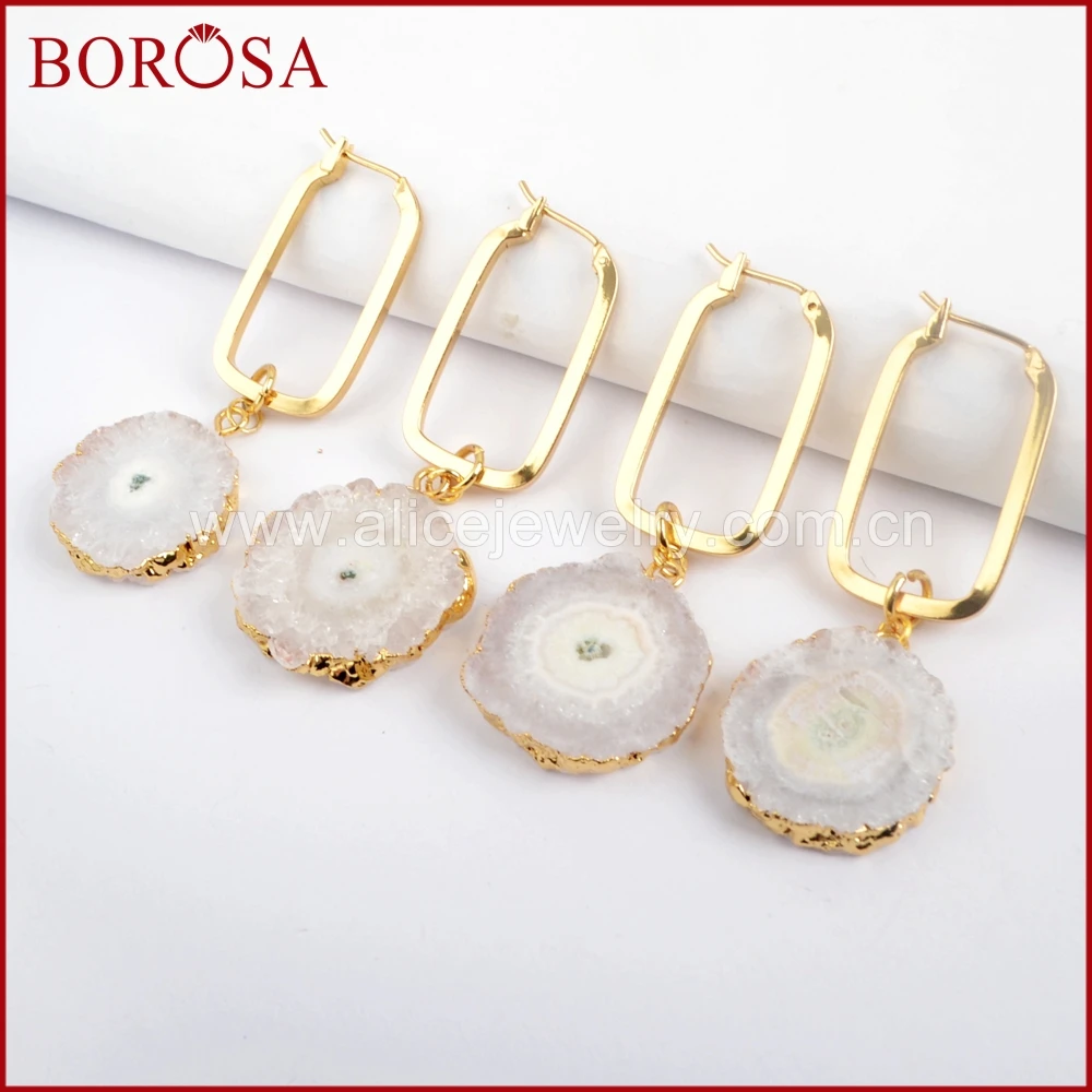 

BOROSA 5Pairs White Natural Solar Quartz Rectangle Dangle Earrings for Women Sun Flower Charm Earrings Drusy Jewelry G1588