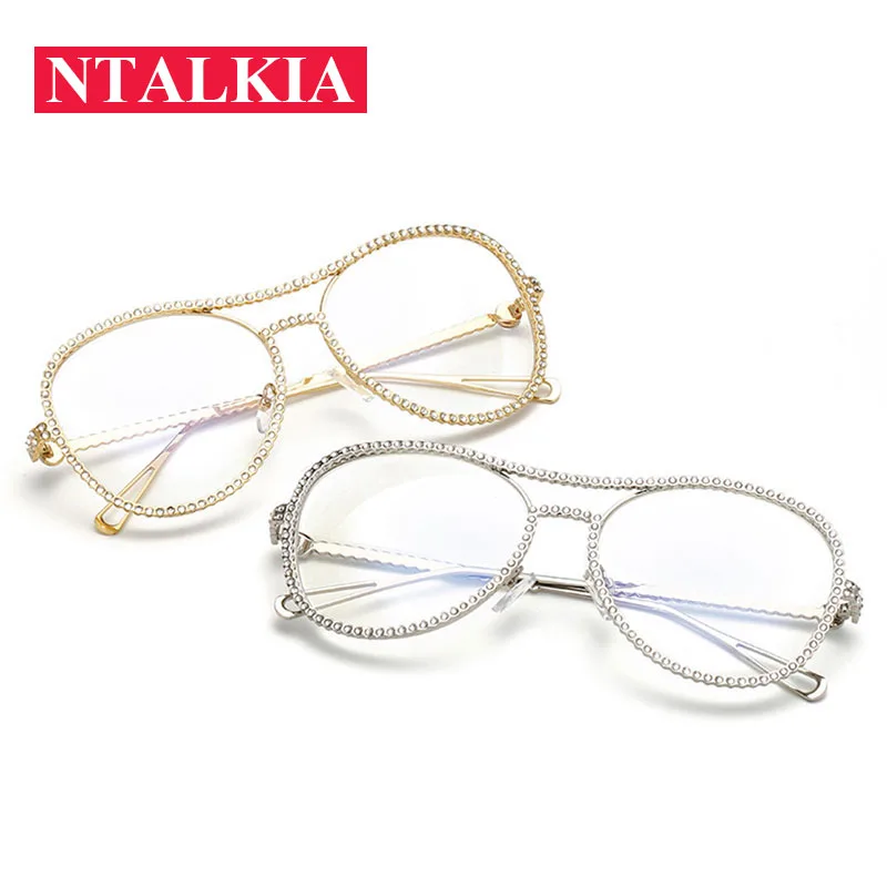 

Luxury Big Round Double Beams Rhinestone Metal Eye Glasses Frame For Women Spectacle Clear Lens Female Diamond Armacao Oculos de