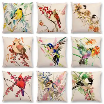 

Watercolor Cute Birds Robin Tit Finch Hummingbird Goldfinch Chickadee Cardinal Kingfisher Flowers Pillow Case