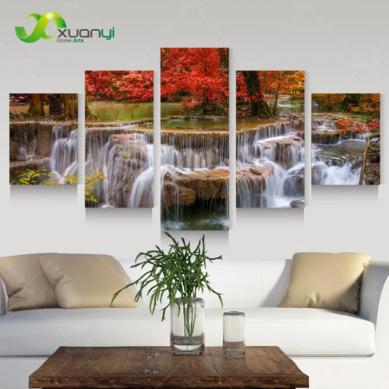 

5 Pcs Waterfall Forestrees Canvas Painting Fall Landscape Painting Wall Art Picture Home Decoration Canvas Print Unframed