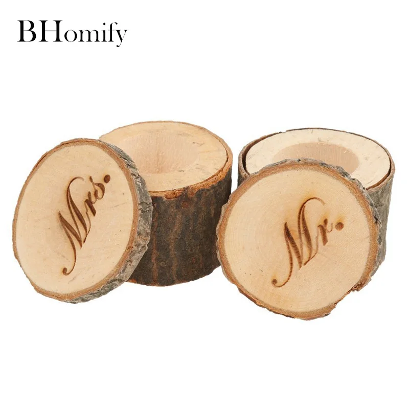 BHomify 2 pcs 60mm Mrs Mr Rustic Wedding Box Wood Custom Ring Valentines Wooden Anniversary | Дом и сад