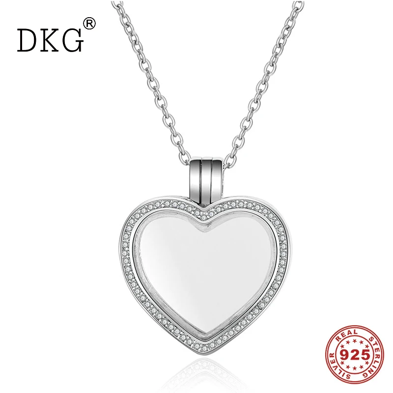 

High Quality 100% 925 Sterling Silver Sparkling brand Floating Locket Heart Box Necklaces & Pendants Authentic Silver Jewelry