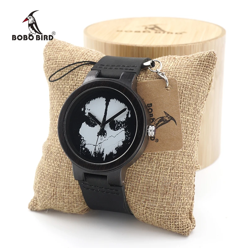 BOBO BIRD Ebony Wooden Watch Ladies with Skeleton Logo Luxury Quartz Watches with Genuine Leather Band for Men as Gift