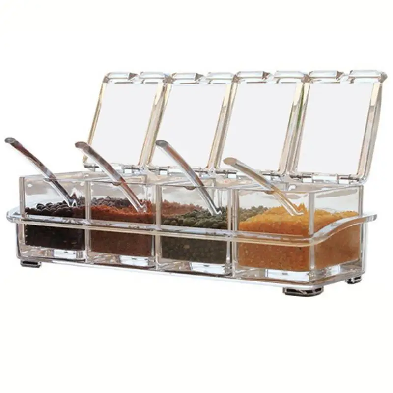 

Wholesale 4 Pieces Kitchen Seasoning Racks Spice Pots Transparent Boxes Storage Containers Condiment Jars Set with Spoons New