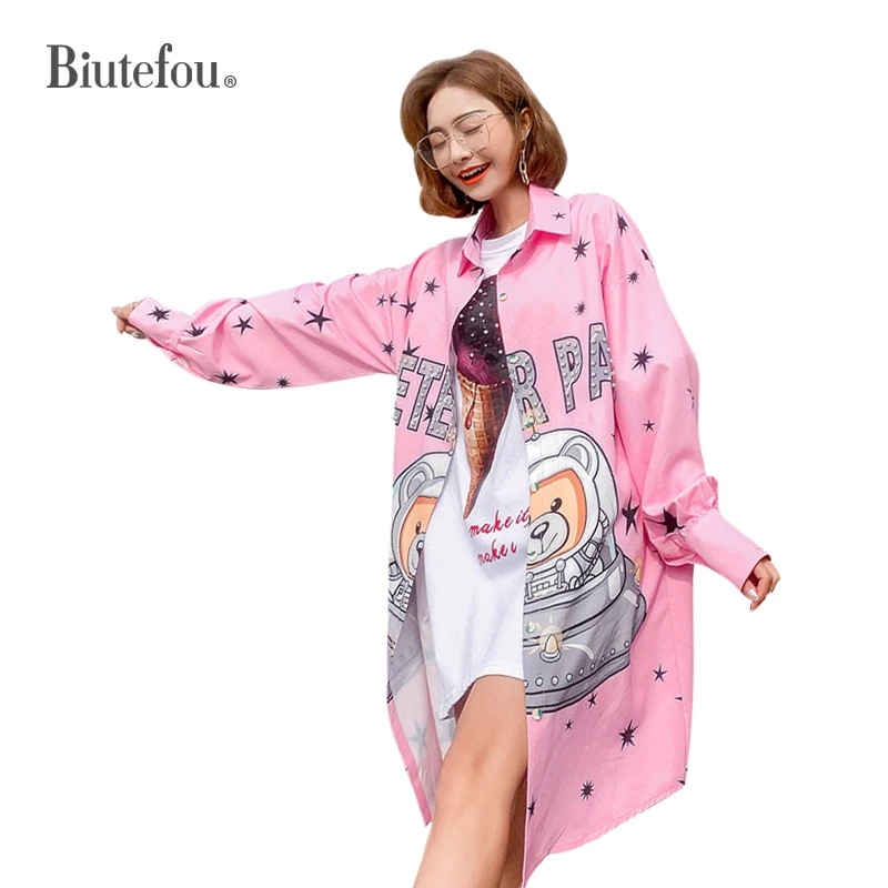 

2019 Spring fashion cartoon print beading shirts women long sleeve chic loose shirts