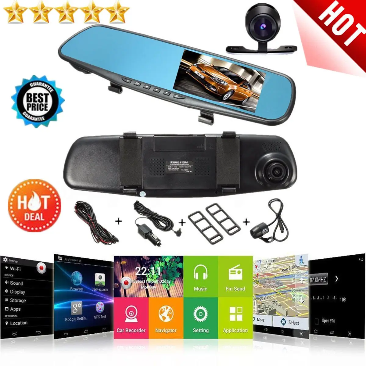 

HD 4.3 Inch Dual Lens Recorder Mirror Vehicle DVR Dash Cam Car Rear View Camera
