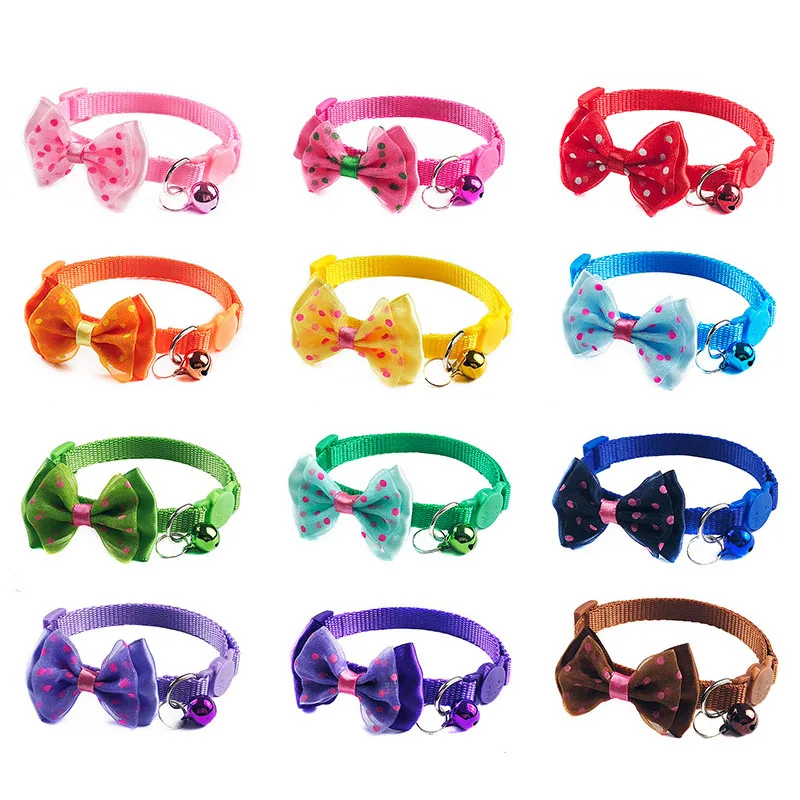 

Pet Cat Grooming Bow Tie Collar 12 Colors Small Dog Kitty Cat Bowtie Quick Release Adjustable Nylon Safe Bell Collar 19-32cm