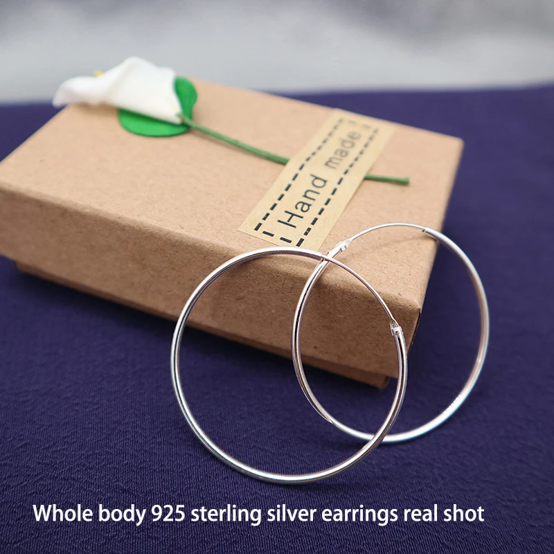 Large Size Medium Size 925 Sterling Silver Big Hoop Earrings For Women Simple Silver-plated Round Circle Earrings Hoops Earings