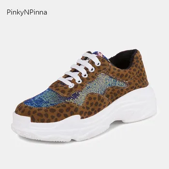 

women platform flat sneakers lace up glitter leopard polka dot bling vulcanized breathable warm winter street training shoes