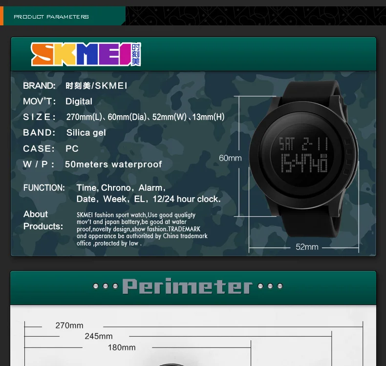 SKMEI Sport Watch Men Large Dial LED Digital Watch Waterproof Alarm Calendar Watches Relogio Masculino 1142