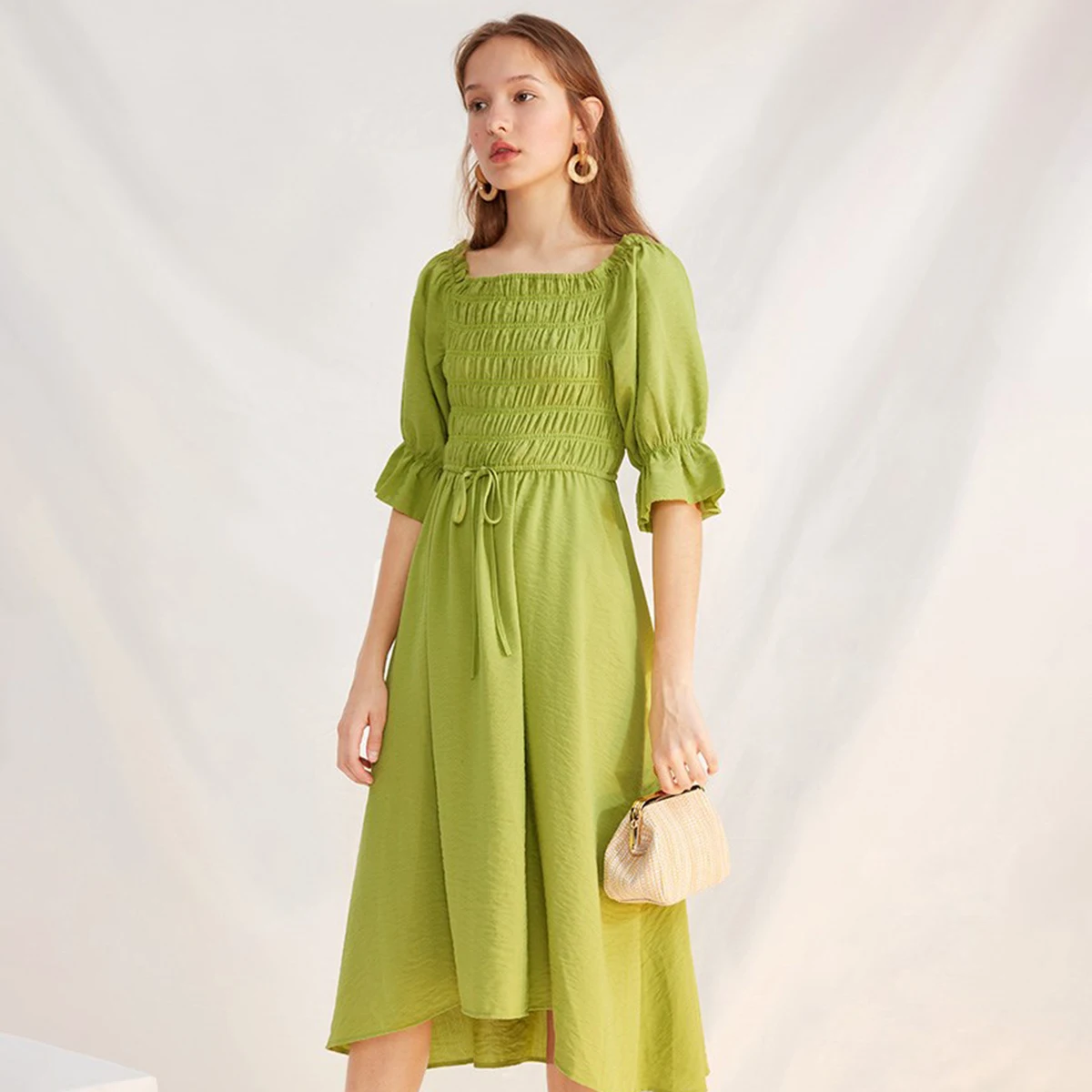 Jastie Cotton Linen Women Dress Square Neck Puff Sleeve Dresses Elastic