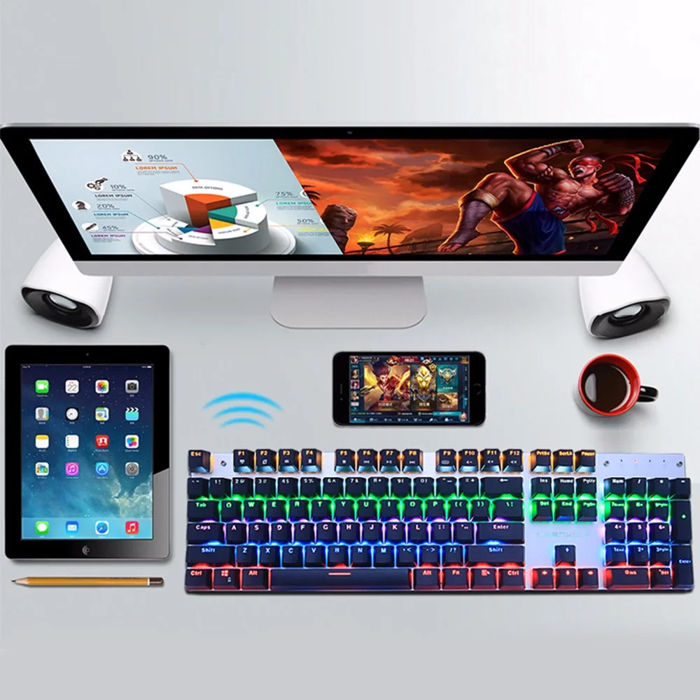  Wireless gaming mechanical keyboard LED backlit black blue switch rechargeable 2.4GHz Gamer US/Russ
