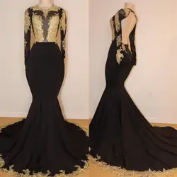 2019 Новый длинным рукавом платья для выпускного вечера Золотые Кружева Замочная скважина вечернее платье вечерние платье черная девушка