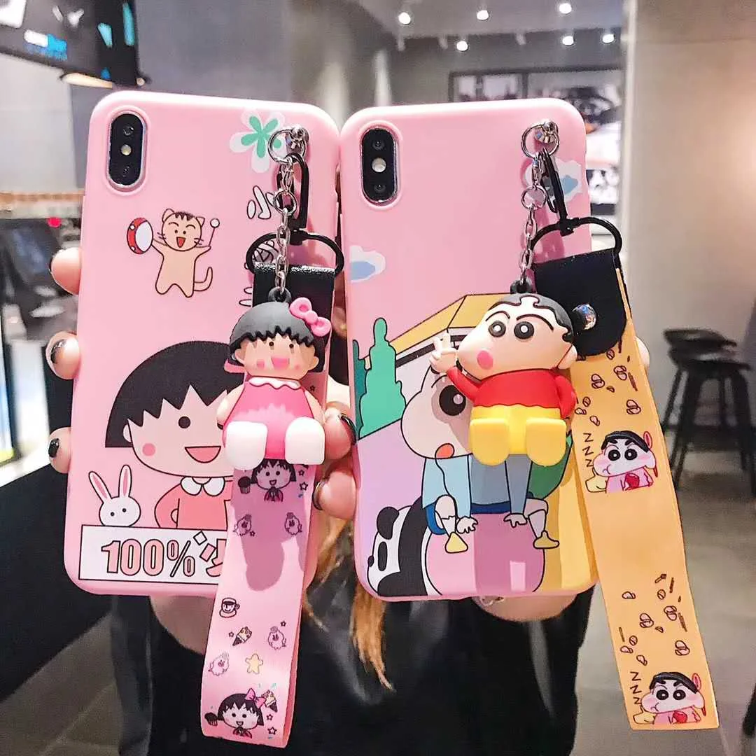 

Cartoon Crayon Shinchan Set case for iPhone 6 6s 78 Plus Doll Lanyard Set for iPhone x xs max xr Maruko Stand Shell Cover