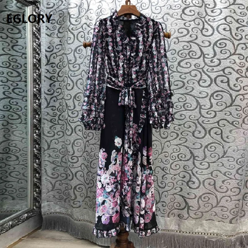 

Top Grade Designer Fashion Long Dress Women V-Neck Beautiful Flower Print Ruffle Elegant Long Sleeve Maxi Dress Bohemian Beach