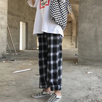 

Harajuku Pants Unisex Fashion Ulzzang Plaid Pants Loose Casual Elastic Waist Long Women Trousers