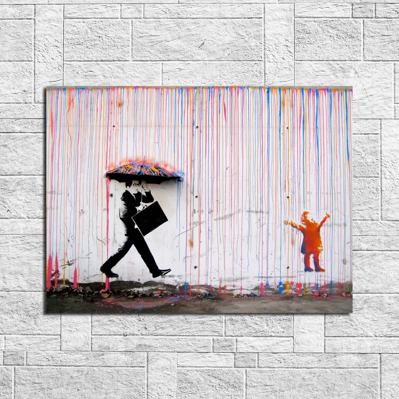 Banksy Color Rain Graffiti Wall Art Canvas Posters Prints Oil Painting
