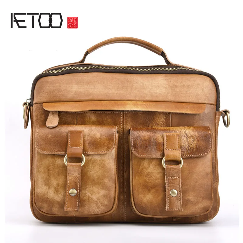 

AETOO Men's Shoulder large Messenger Bag Leisure Vegetable Tanned Leather bag vintage Men's Leather Handmade Colorful Retro Bag