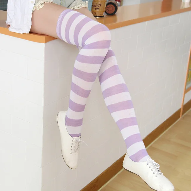 Ms Blue And White Leggings Compression Cheap Thigh Highs Striped Cotton Thigh Highs Comfy 