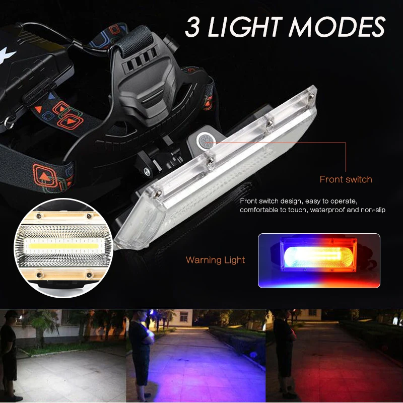 Comprar Faro LED COB de alta potencia, lámpara de cabeza recargable USB, luz blanca y roja y azul, Faro de 3 modos, iluminación impermeable de caza