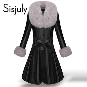 Sisjuly women black trench coat fashion warm leather trench winter long sleeve fur collar winter female belt leather overcoats